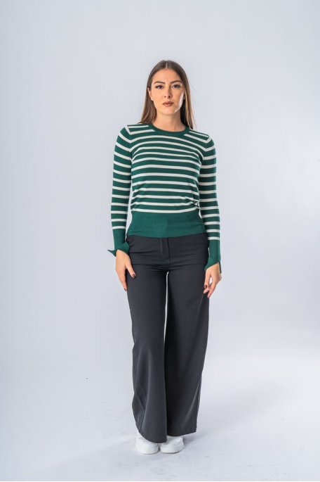 Pull fin à rayures marinière vert - vue face entier