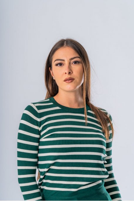 Pull fin à rayures marinière vert - vue face entier