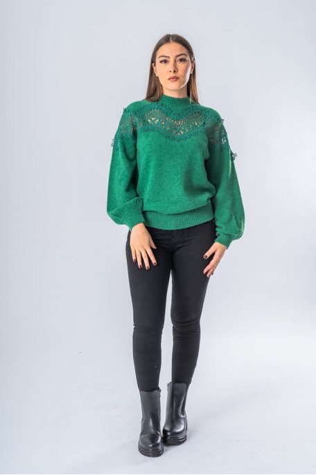 Pull dentelle manches longues vert - vue face entier