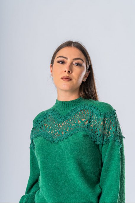Pull dentelle manches longues vert - vue face détails