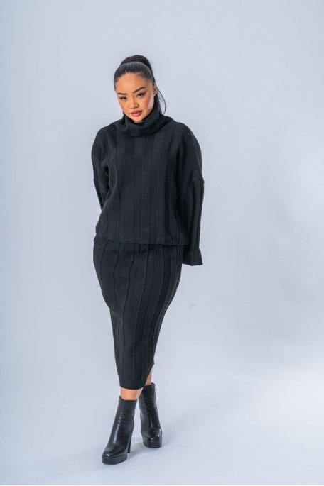 Ensemble jupe et pull col roulé en maille noir - vue face