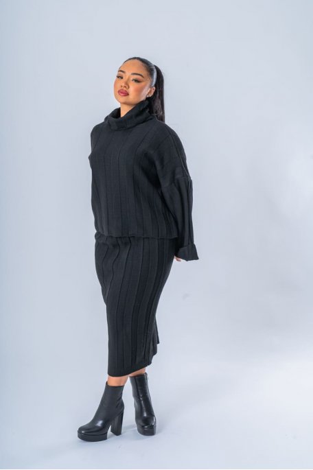 Ensemble jupe et pull col roulé en maille noir - vue face entier