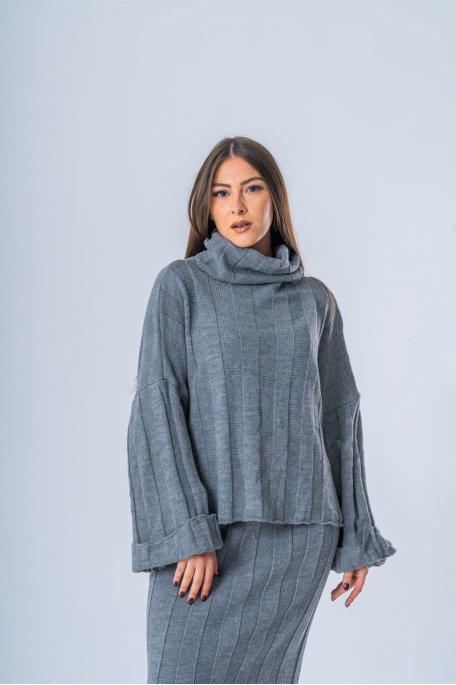 Ensemble jupe et pull col roulé en maille gris - vue face