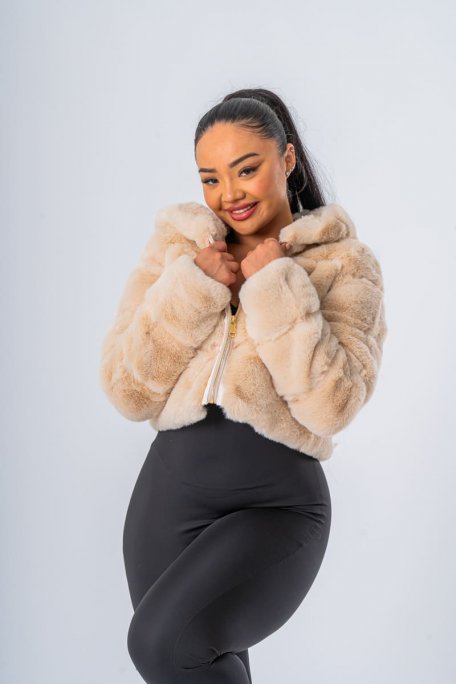 Beige faux fur hooded jacket