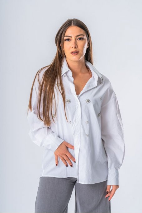 Chemise en coton strass bijoux blanc - vue face
