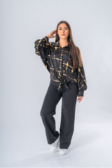 Chemise satinée nouée devant détails dorés noir - vue face entier