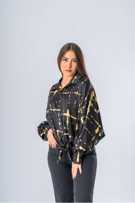 Chemise satinée nouée devant détails dorés noir - vue face