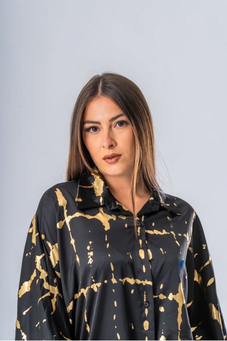 Chemise satinée nouée devant détails dorés noir - vue face détails