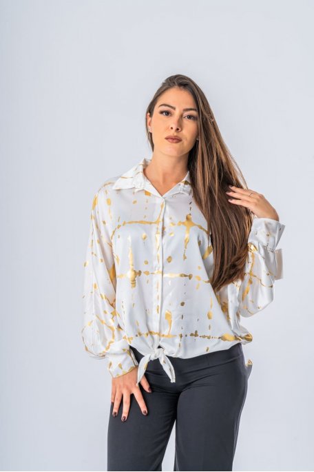 Chemise satinée nouée devant détails dorés blanc - vue face