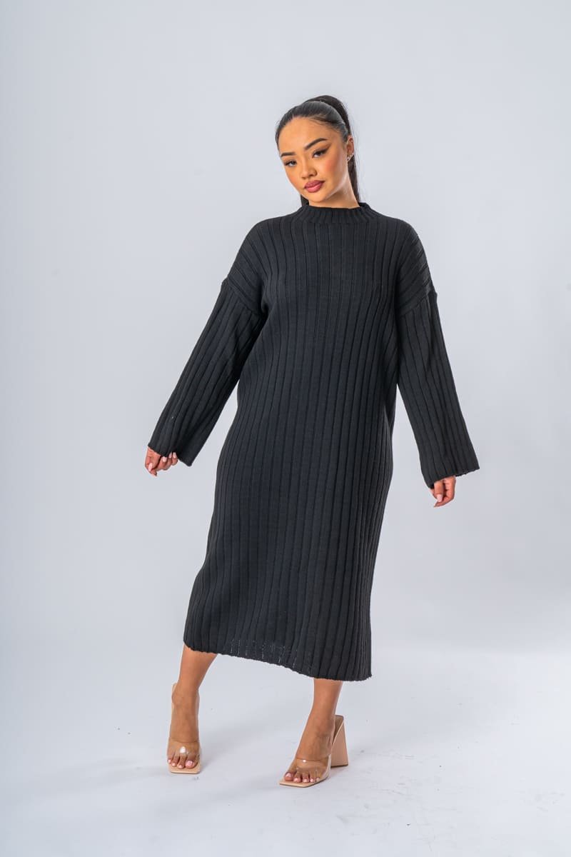 Robe longue en maille col montant noir - vue face entier