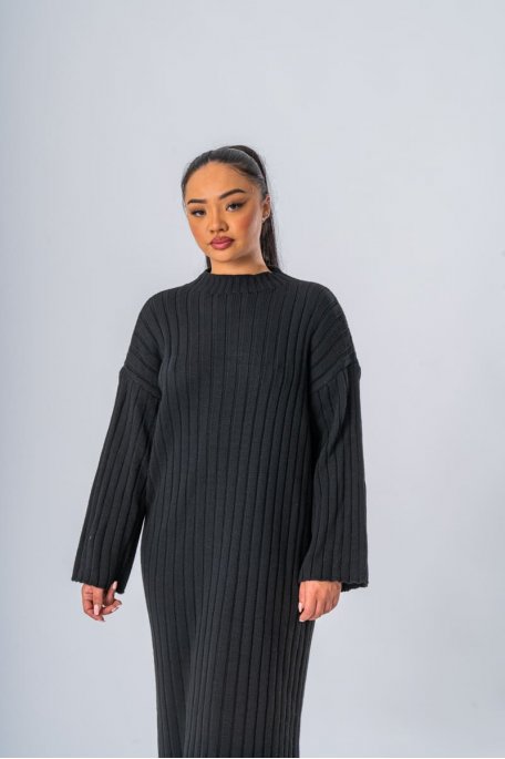 Robe longue en maille col montant noir - vue face