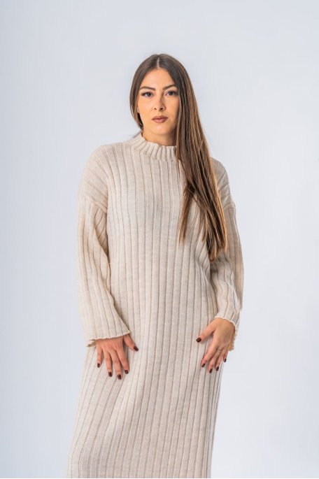 Robe longue en maille col montant beige - vue face