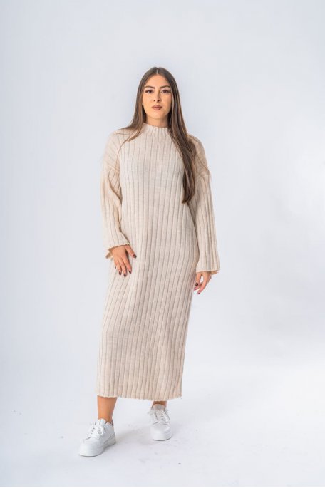 Robe longue en maille col montant beige - vue face entier