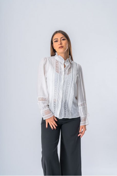 Lace blouse with high collar, white