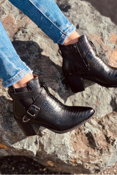 Black crocodile-effect buckle heel boots