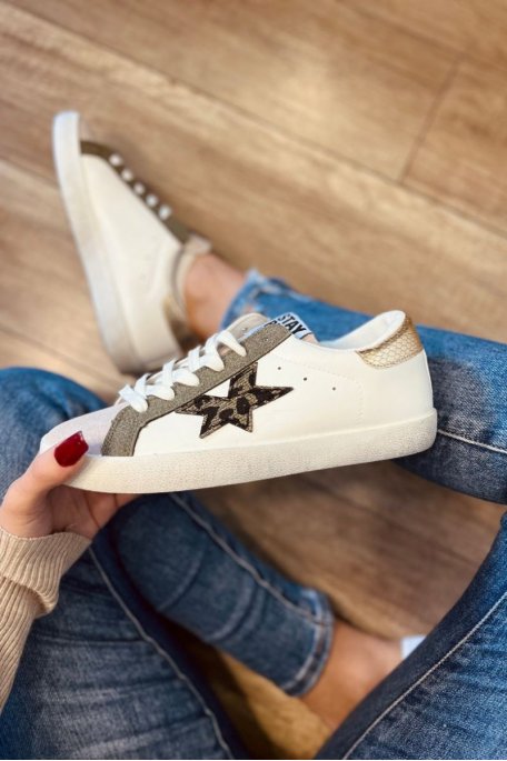 Gold python star low sneakers with beige laces