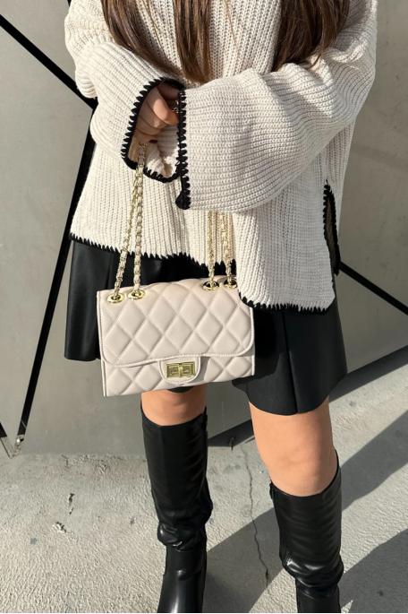 Sac à main matelassé chaîne simili cuir tressé beige