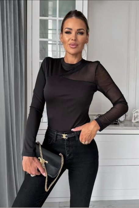 Long-sleeved top with black tulle detail