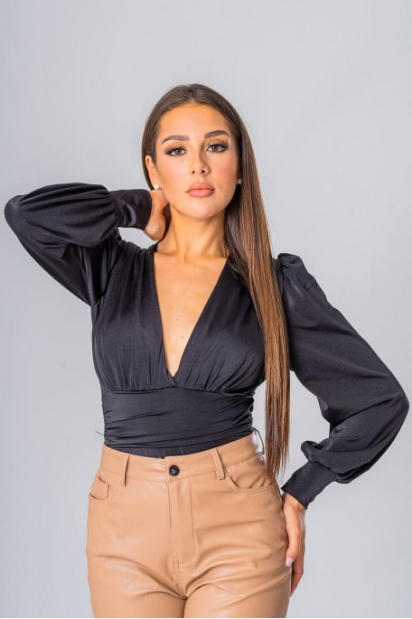 Beige satin plunging neckline bodysuit Cinelle Paris fashion woman