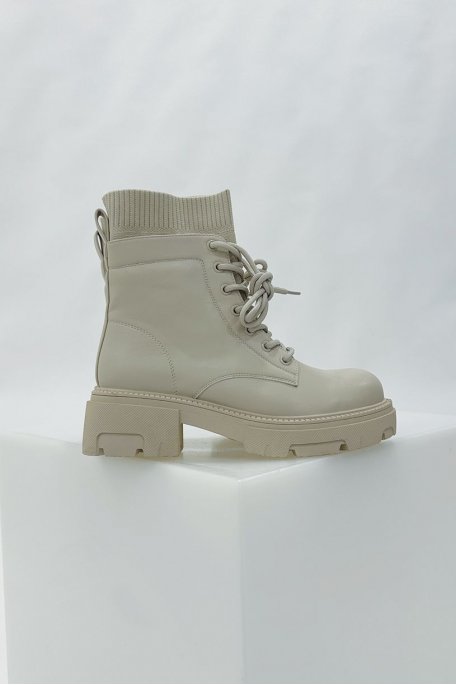 Beige bi-material lace-up boots