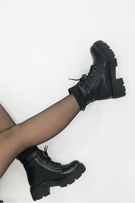 Black bi-material lace-up boots