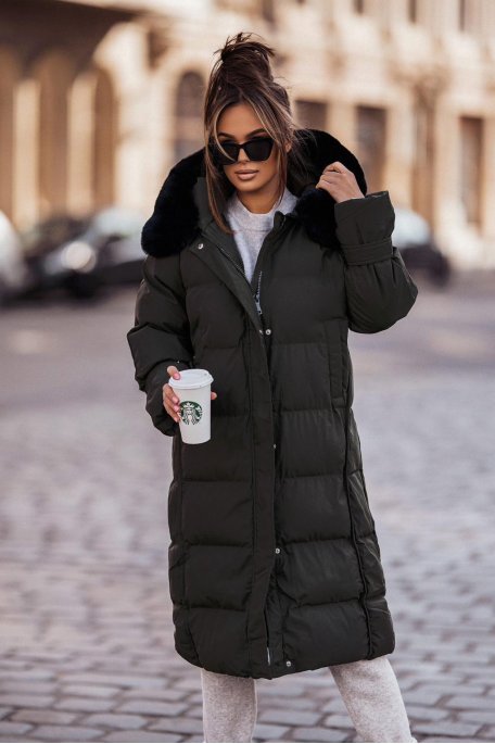 Long hooded padded jacket in black faux fur