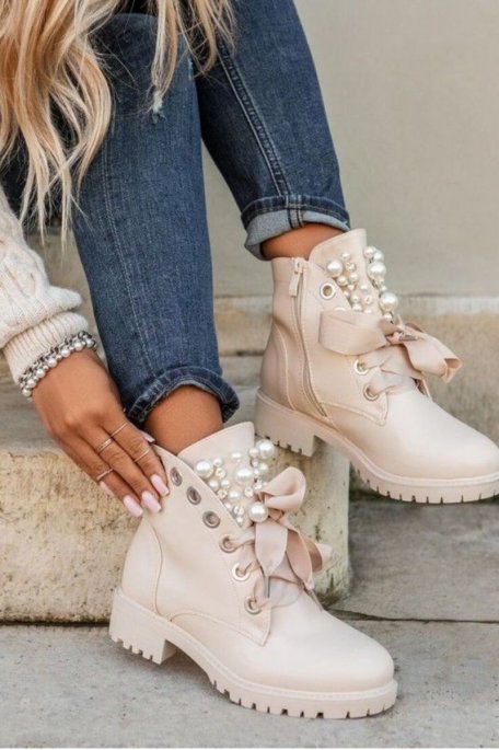 Beige beaded lace-up boots