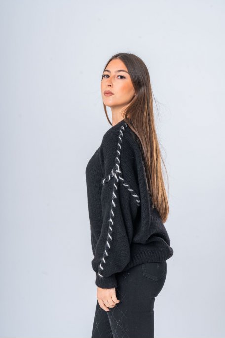 Pull en laine mélangée coutures contrastantes noir - vue profil