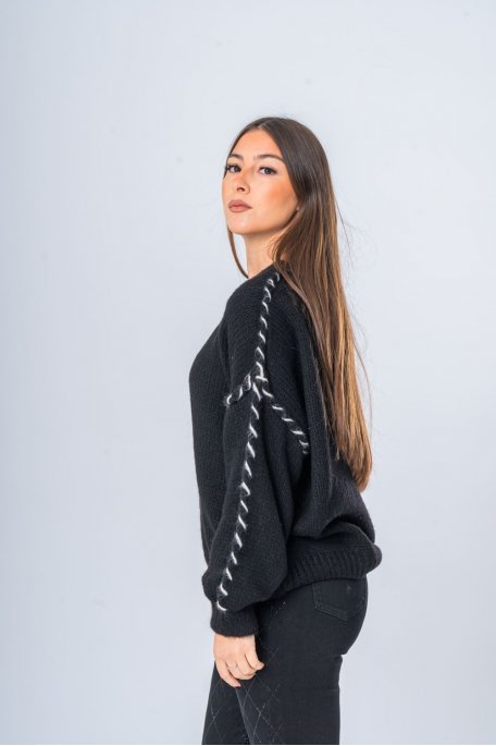 Pull en laine mélangée coutures contrastantes noir - vue profil