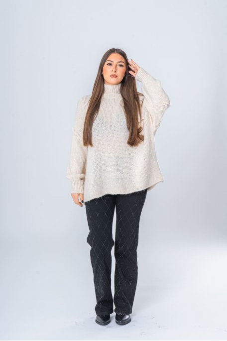 Pullover aus Wollgemisch mit Stehkragen in Beige