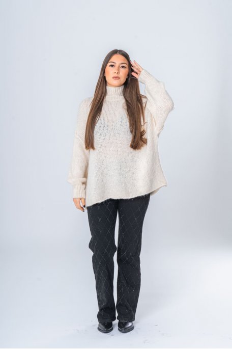Wool blend sweater with beige stand-up collar