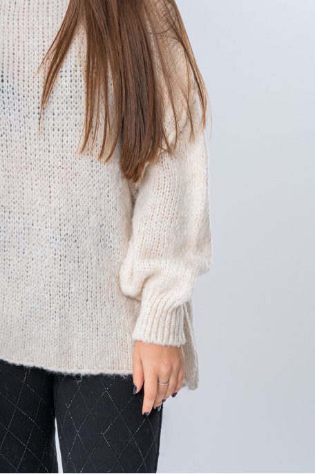 Pull en laine mélangée col montant beige - vue détails