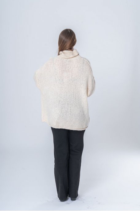 Pull en laine mélangée col montant beige - vue de dos