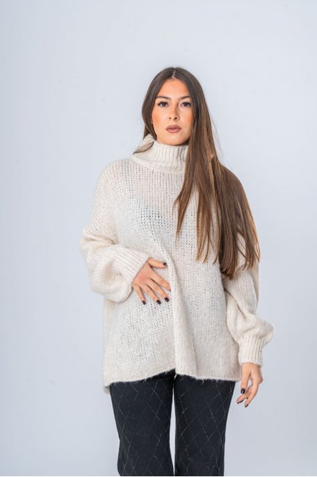 Pull en laine mélangée col montant beige - vue de face haut