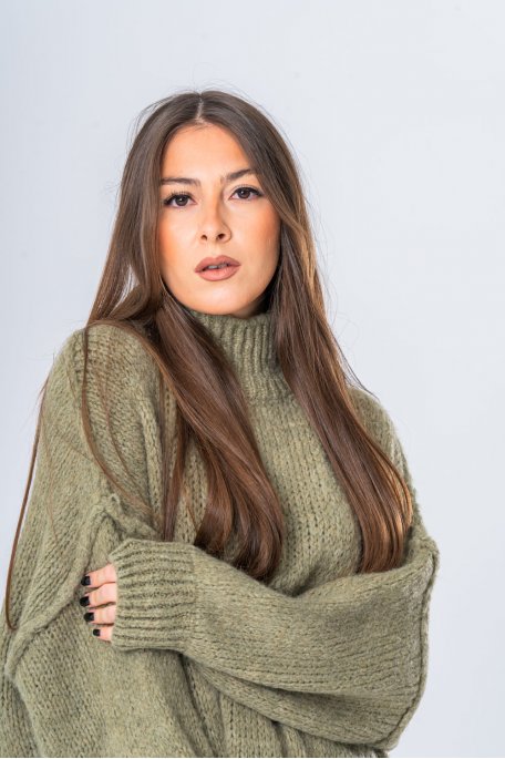 Pull en laine mélangée col montant kaki - vue détails
