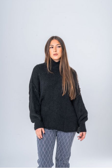 Pull en laine mélangée col montant noir - vue face