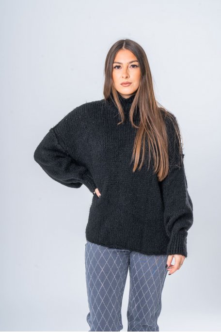 Pull en laine mélangée col montant noir - vue face