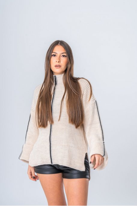 Pull en maille col montant détails liserés beige - vue face haut