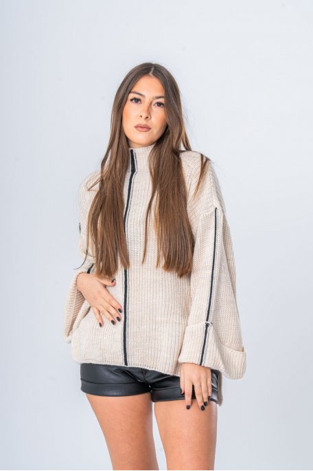 Pull en maille col montant détails liserés beige - vue face