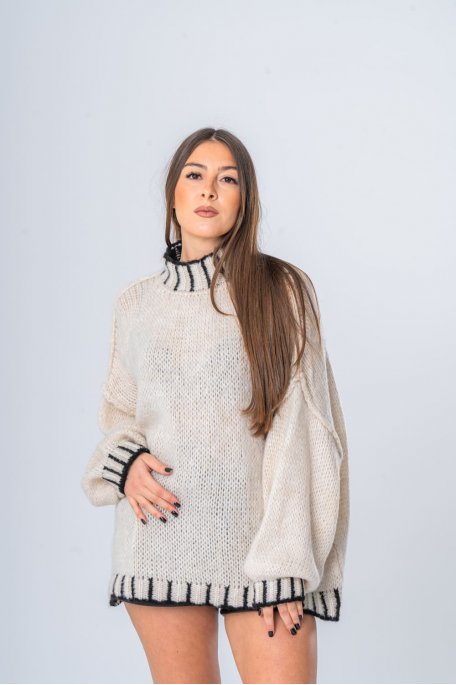Pull oversize col montant détails contrastants beige - vue face