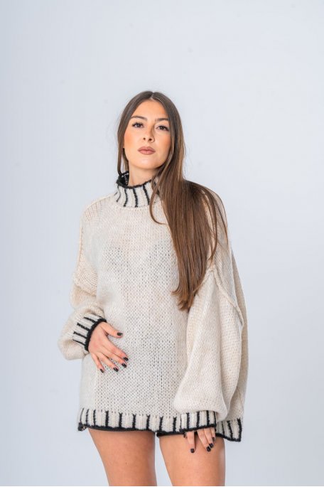 Oversized sweater with stand-up collar and beige contrasting details