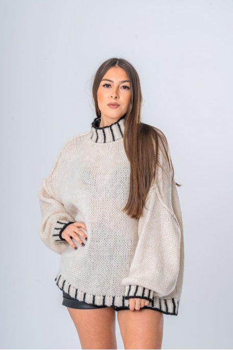 Pull oversize col montant détails contrastants beige - vue face