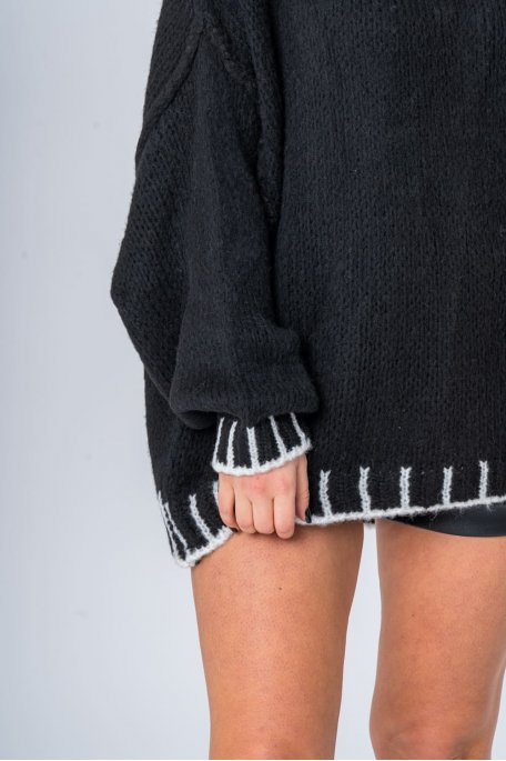 Pull oversize col montant détails contrastants noir - vue détails