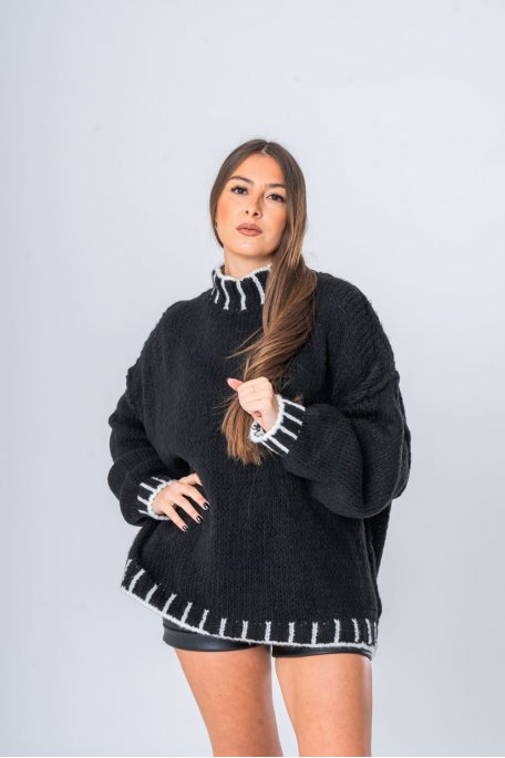 Pull oversize col montant détails contrastants noir - vue face haut