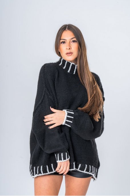 Pull oversize col montant détails contrastants noir - vue face