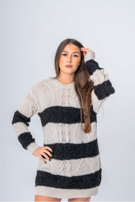 Pull long à rayures poils pailletés beige - vue face