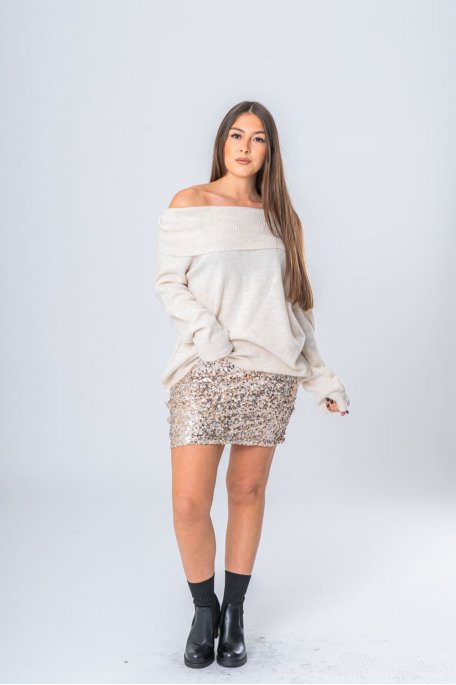 Pull col bardot beige - vue face entier