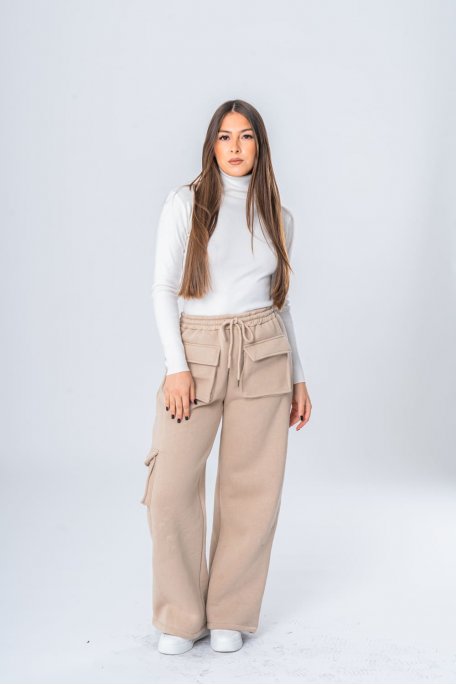 Beige cargo style wide-leg jogging pants