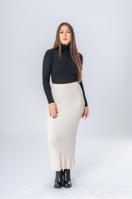 Beige high-waisted rib knit skirt