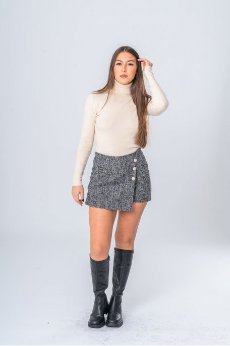 Jupe short en tweed avec boutons gris - vue face entier